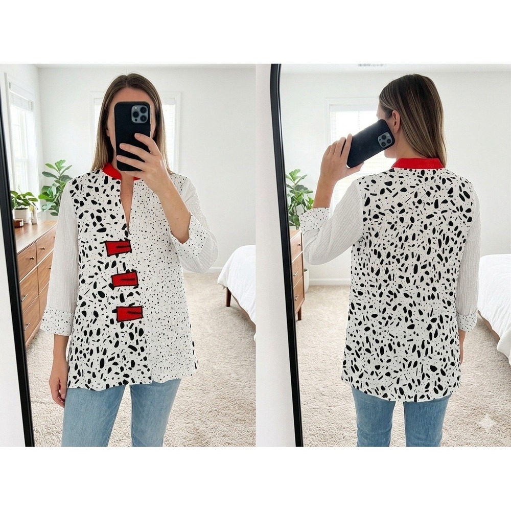 Ali Miles Small Tunic Top Black White Abstract Textured‎ Print Red Toggle Button